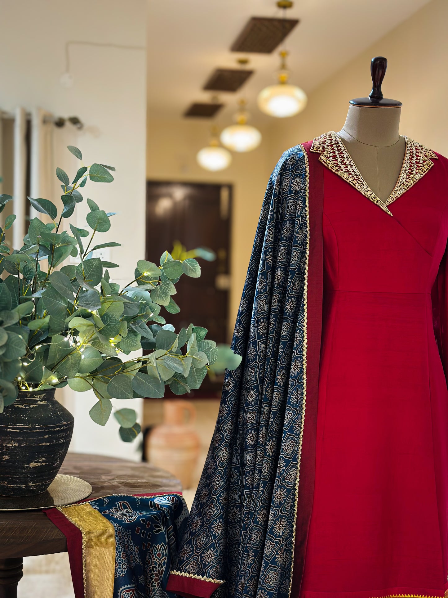 Red Ajrakh detailed Kanchi Set