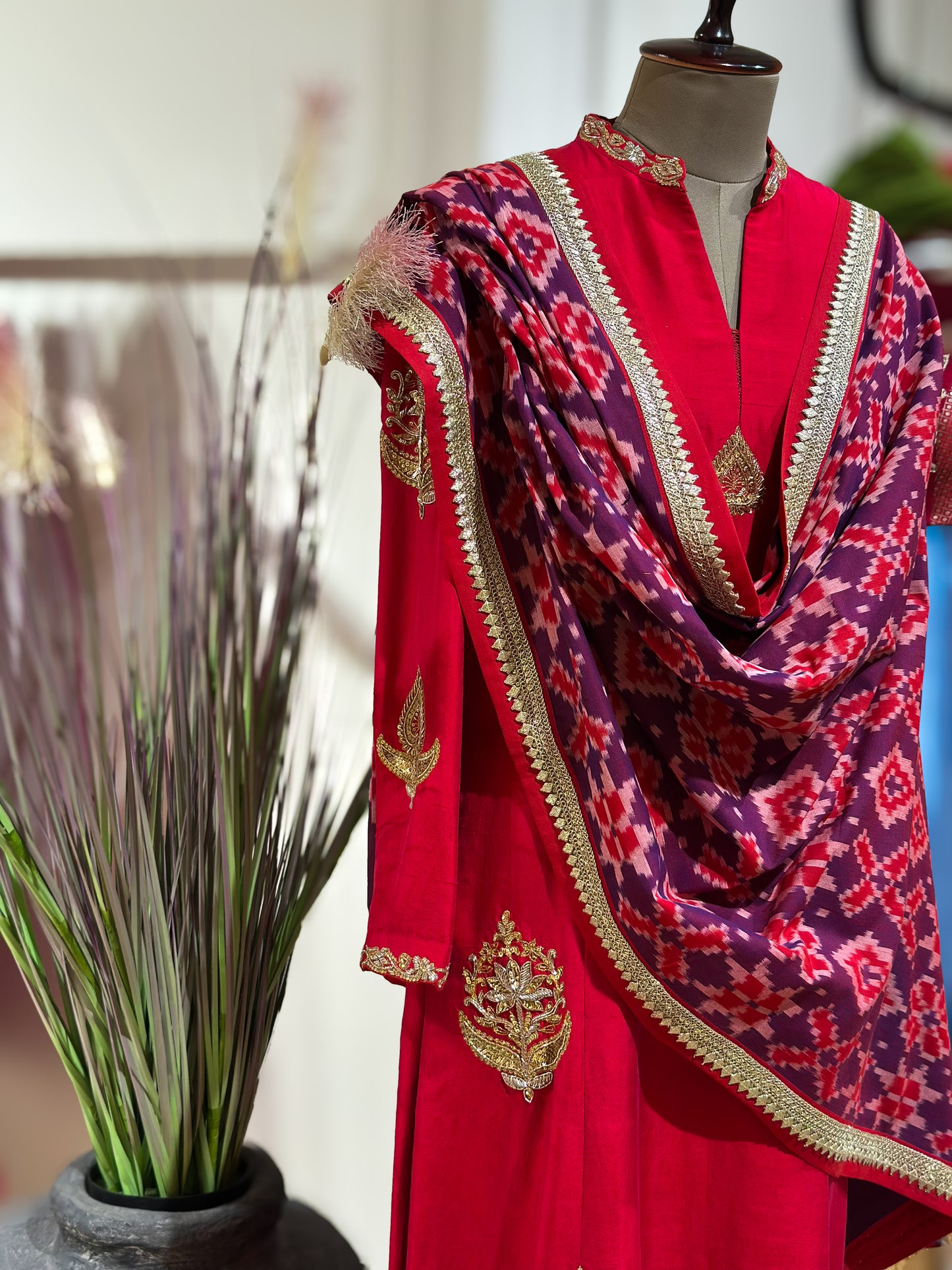 Red Ikkat Patola detailed Kanchi Set