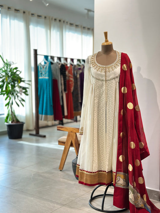 Ivory Anarkali with Zari Butta Dupata