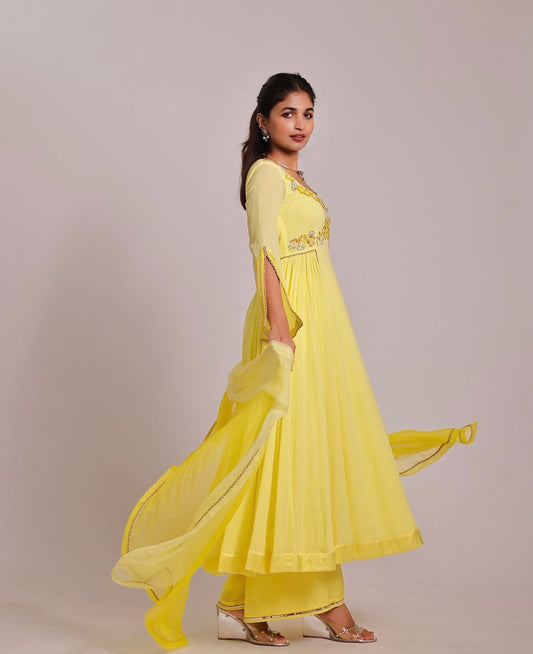 Nargis Yellow Sleeve Slit Anarkali Set