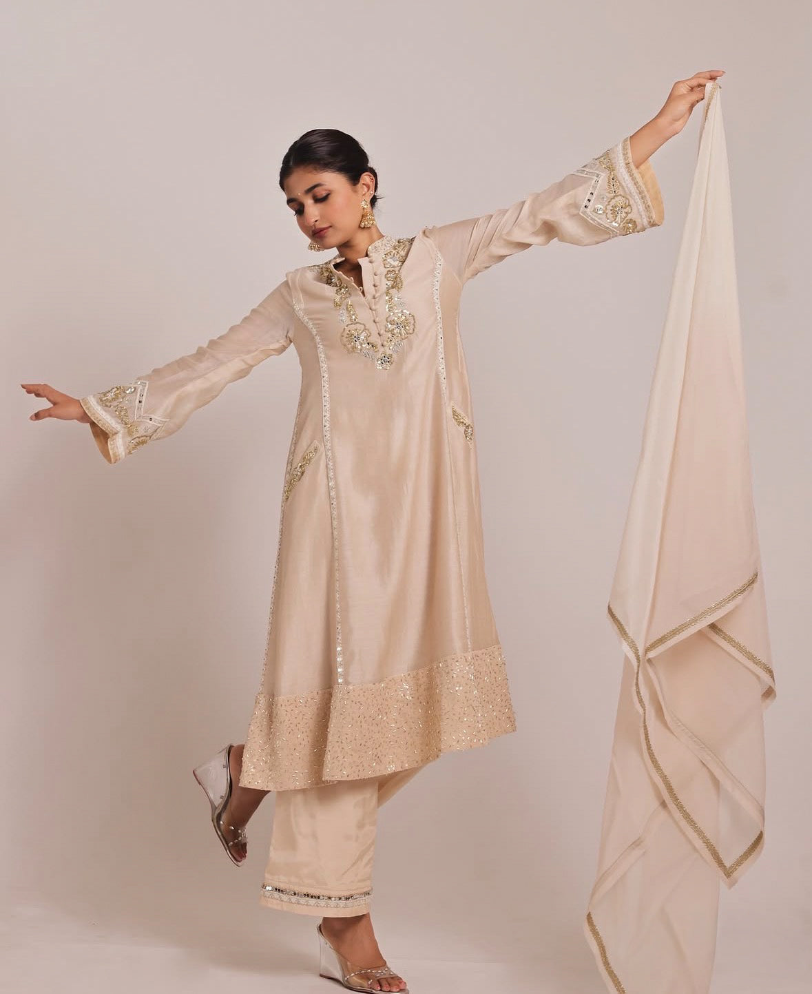 Nargis Cream Gold Suit Set