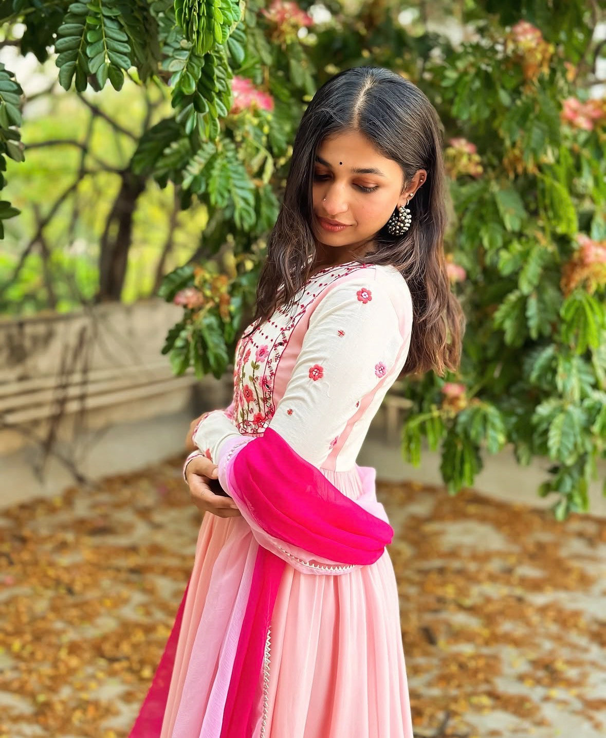 Peach Pink Floral Embroidered Anarkali