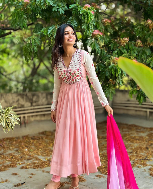 Peach Pink Floral Embroidered Anarkali