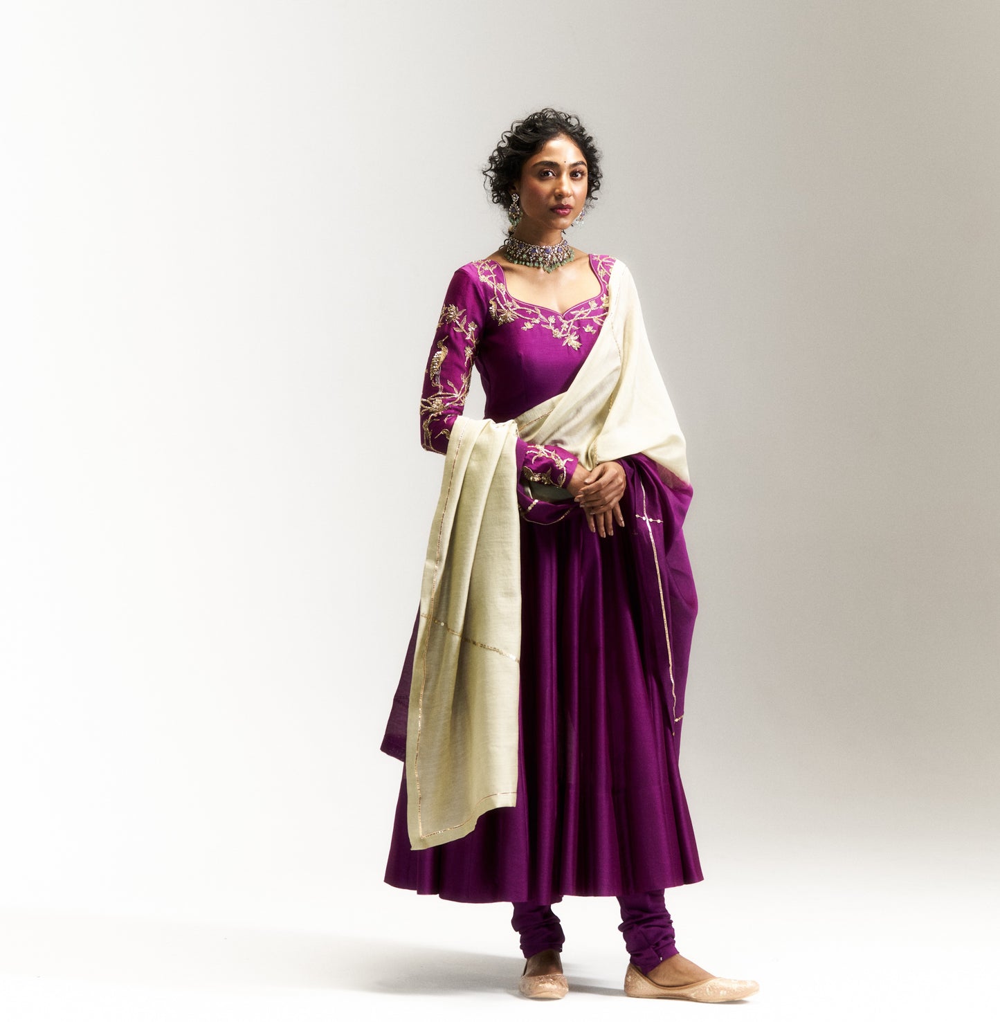 Pitta Purple bird themed sleeve detailed Anarkali Set
