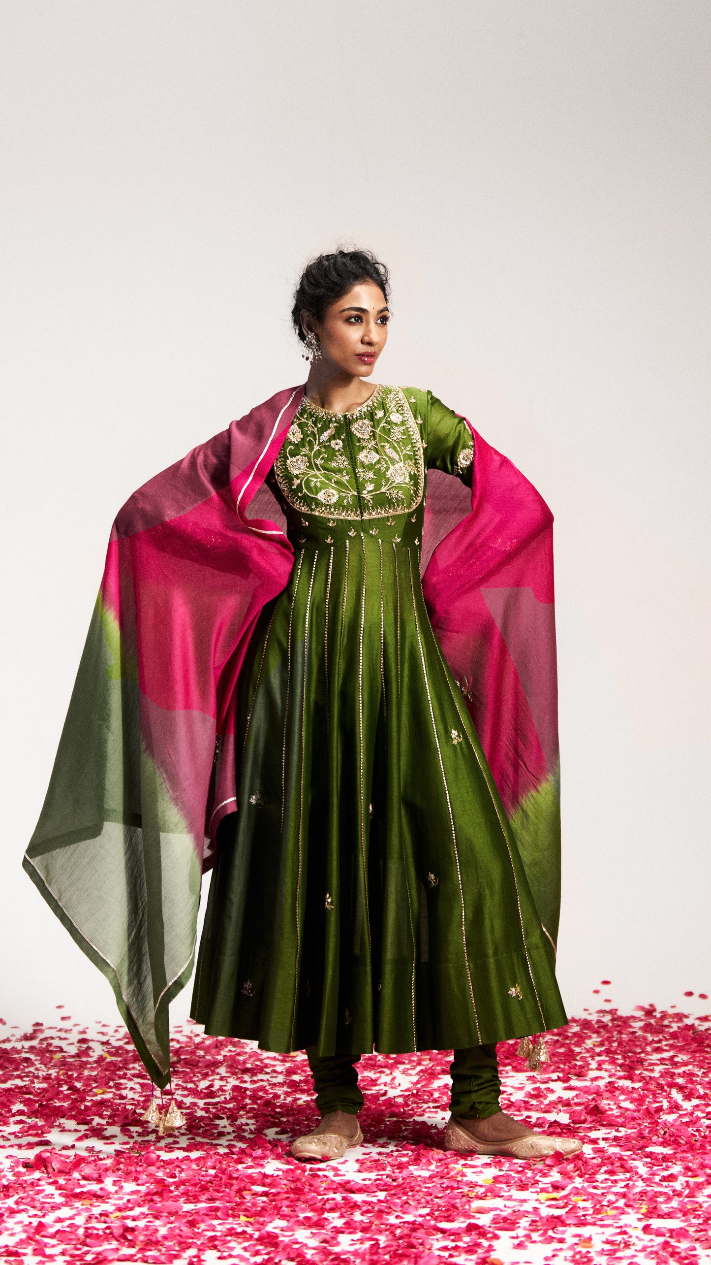 Pitta Green Bajubandh detailed Anarkali Set