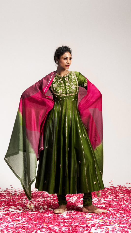 Pitta Green Bajubandh detailed Anarkali Set