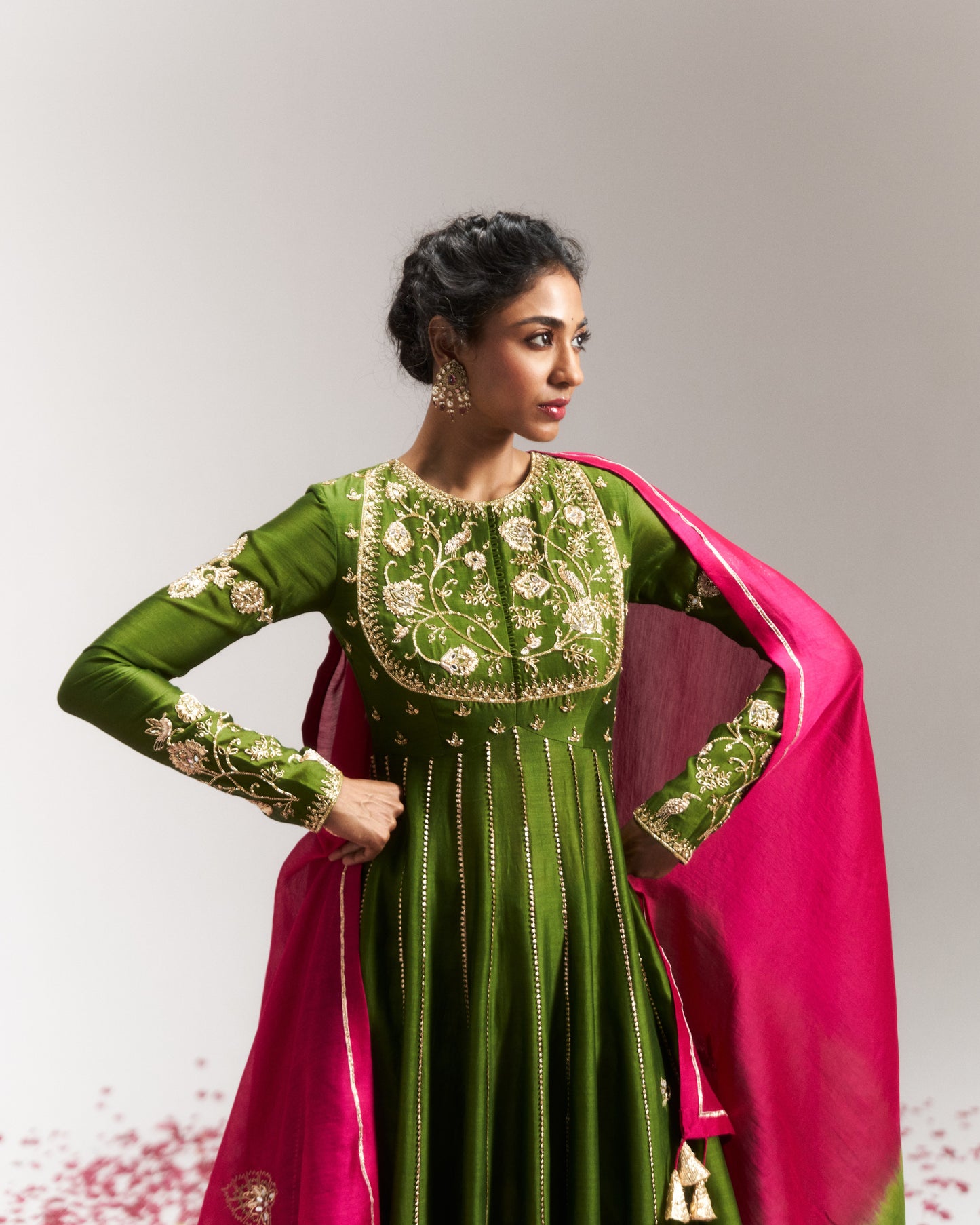 Pitta Green Bajubandh detailed Anarkali Set