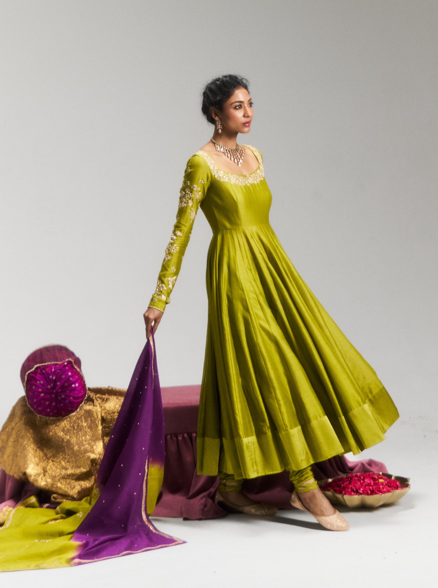 Pitta Green Statement Back detailed Anarkali Set