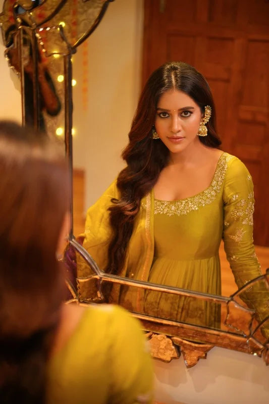 Nabha Natesh in our Pitta Green Anarkali Set with Statement Back