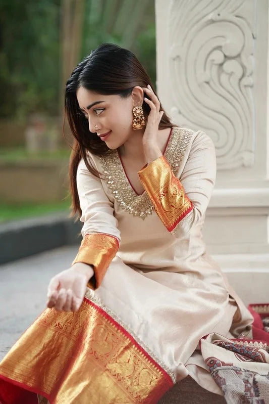 Anu Emmanuel in our Kanchi Suit Set with Ajrakh Dupata