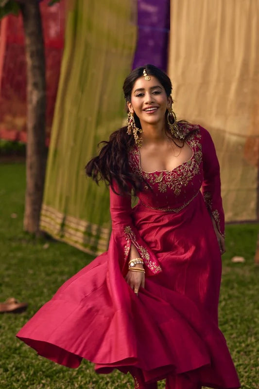 Nabha Natesh in our Pitta Pink Flared Sleeve with Pants Anarkali Set