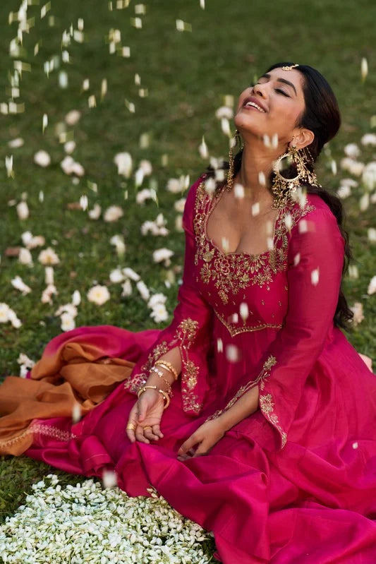 Nabha Natesh in our Pitta Pink Flared Sleeve with Pants Anarkali Set