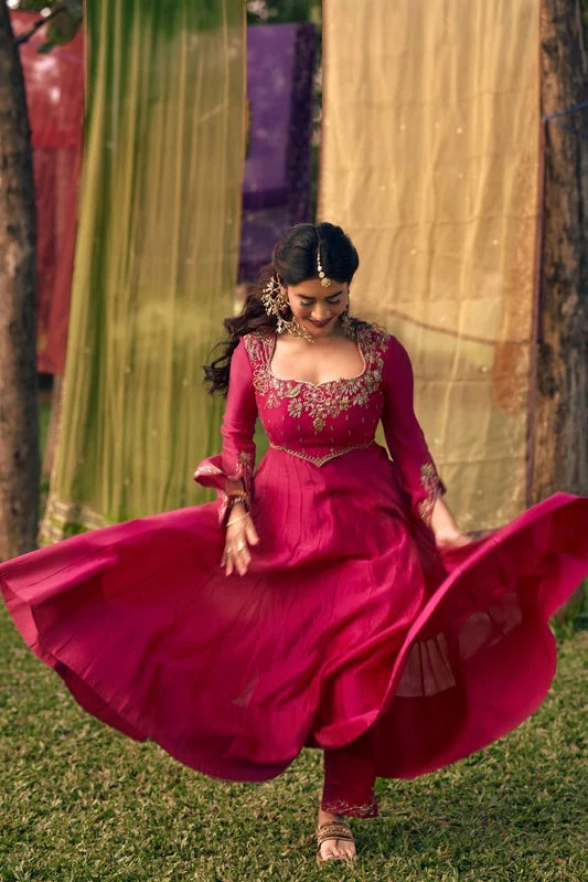 Nabha Natesh in our Pitta Pink Flared Sleeve with Pants Anarkali Set