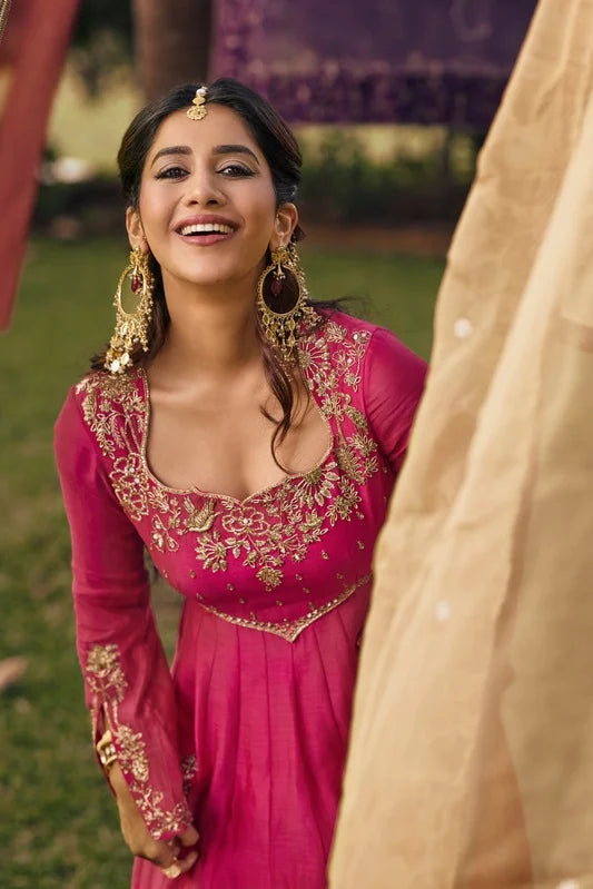 Nabha Natesh in our Pitta Pink Flared Sleeve with Pants Anarkali Set