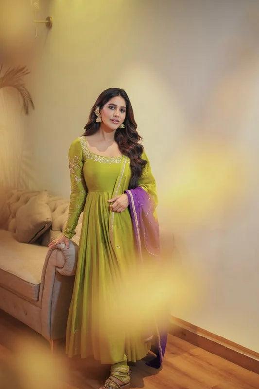 Nabha Natesh in our Pitta Green Anarkali Set with Statement Back