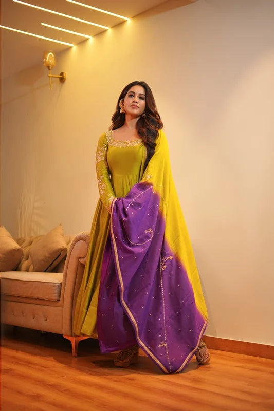 Nabha Natesh in our Pitta Green Anarkali Set with Statement Back