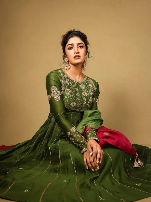 Dimple Hayati in our Pitta Green Bajubandh detailed Anarkali Set