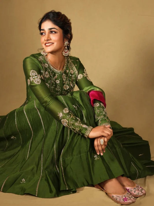 Dimple Hayati in our Pitta Green Bajubandh detailed Anarkali Set
