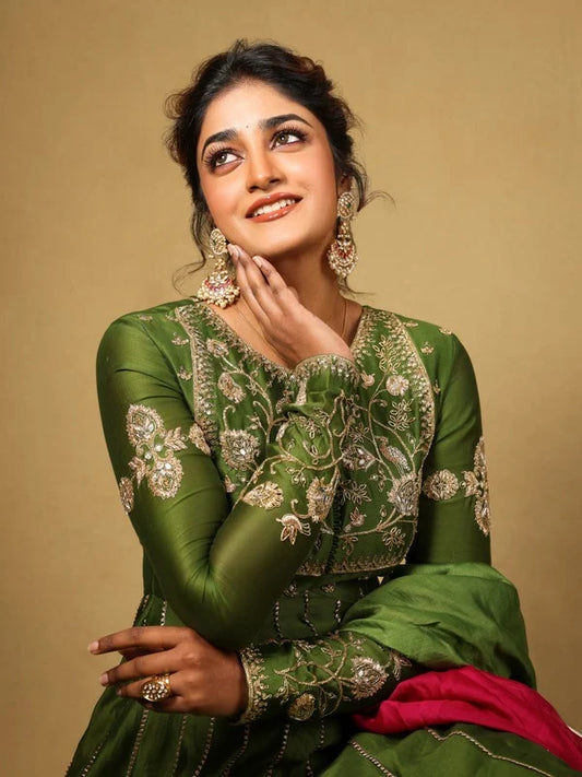 Dimple Hayati in our Pitta Green Bajubandh detailed Anarkali Set