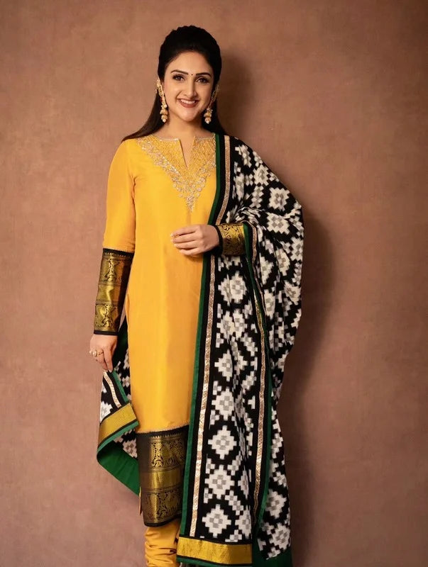 Sridevi Vijaykumar in Double Ikkat detailed Kanchi Suit Set