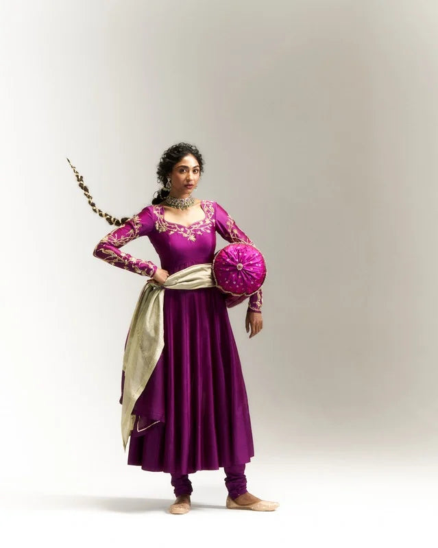 Pitta Purple bird themed sleeve detailed Anarkali Set