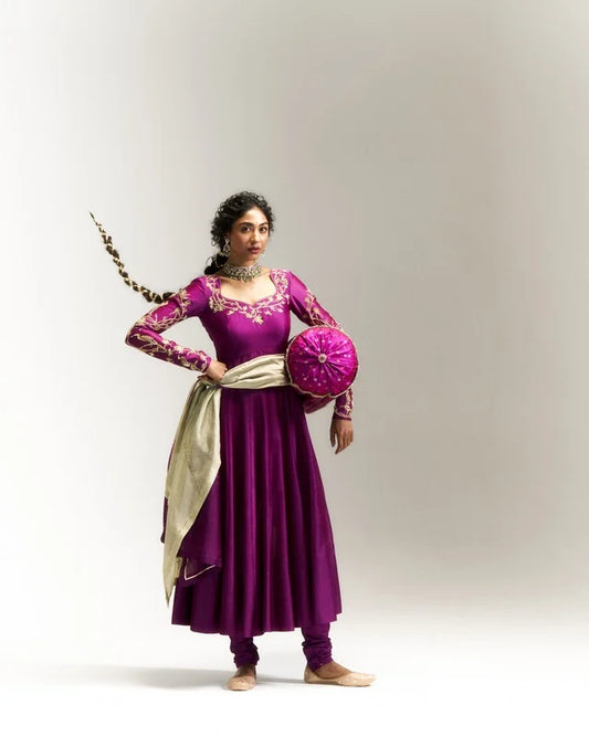 Pitta Purple bird themed sleeve detailed Anarkali Set