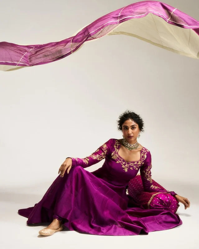 Pitta Purple bird themed sleeve detailed Anarkali Set